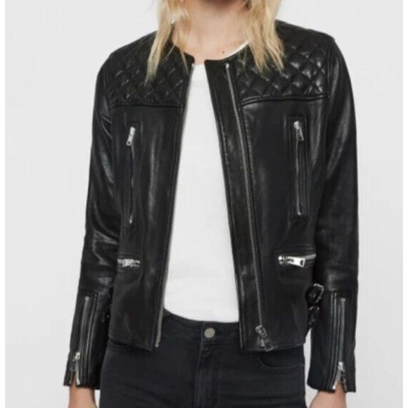 All Saints Jackets & Blazers - New All Saints Women Black Milou Sheep Leather Quilted Collarless Jacket US 6